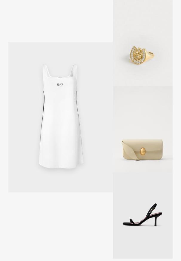 Valge ilma varrukateta kleit ruudukujulise kaelusega, mustade küljeaktsentidega ja esisega logo "EA7". Valmistatud pehmest ja siledast kangast.; Mustmust naiste kõrge kontsaga sandaalid mustast nahast kitsaste rihmadega ja kullavärvi pandlaga valgel taustal, külgvaade.; Beež nahast käekott, millel on sile tekstuur, ristküliku kujuline ja kuldne ovaalne lukustus. Omab pikka, reguleeritavat rihma.; Kuldne sõrmus, mille sees on kroonikujundus hobuseraua sees, kaunistatud väikeste selgete kalliskividega, valge tausta peal.