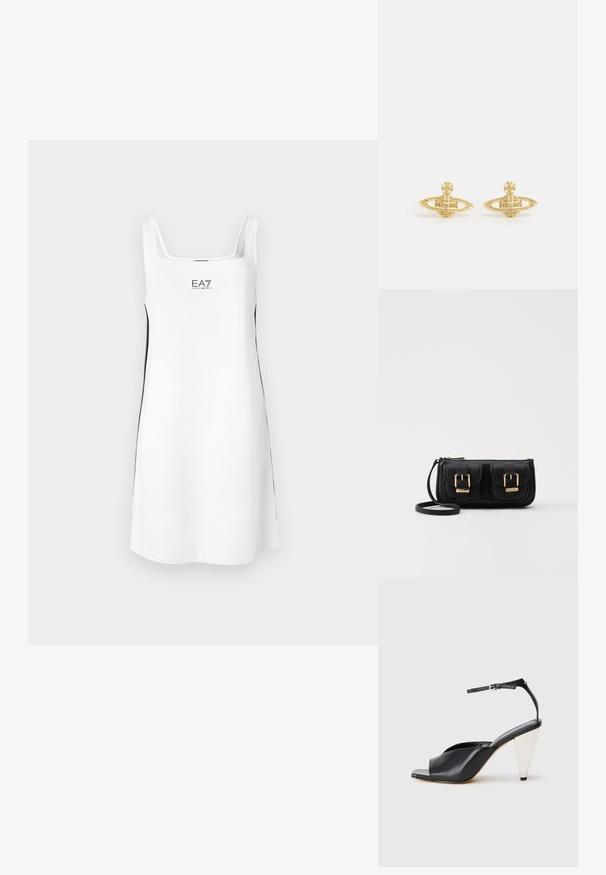 Bela brezrokavna obleka s kvadratnim izrezom, ki ima črne bočne dodatke in sprednji logotip "EA7". Narejena iz mehke, gladke tkanine.; Črne usnjene sandale s peto, odprto toe, asimetričnim dizajnom, zaponko okoli gležnja in kovinsko stožčasto peto. Gladka tekstura po celotni površini.; Črna usnjena torbica čez ramo z dvema sprednjima žepoma, zlatimi zaponkami, zadrgo in ozkim pasom. Tekstura površine je strukturirana, obliko pa ima kompaktno pravokotno.; Vivienne Westwood MINI BAS RELIEF EARRINGS - Uhani - gold-coloured