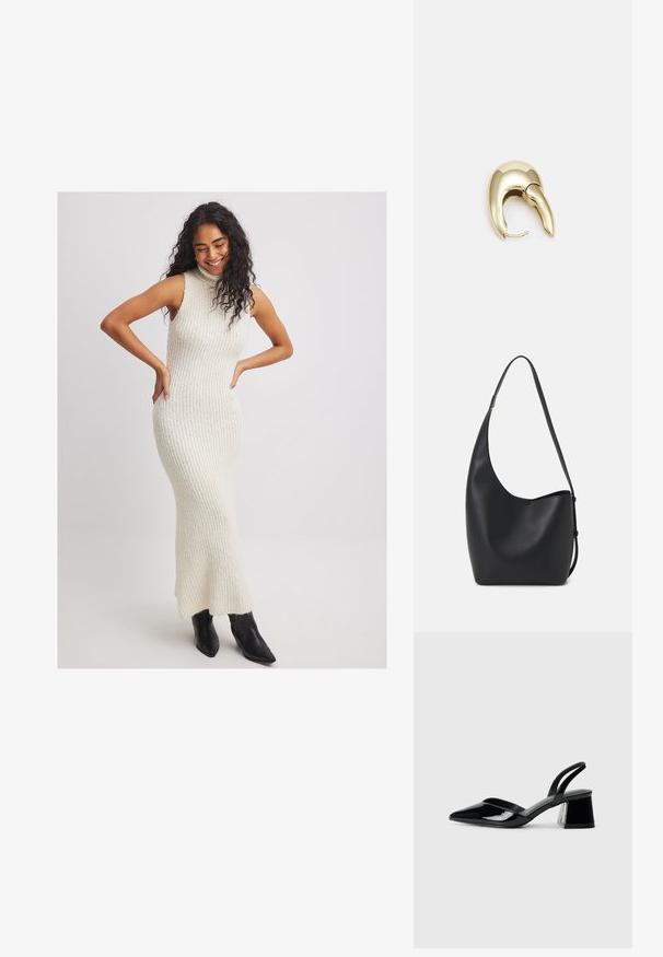 Pleteni pulover obleka v odtenku off-white, prilagojena silhueta z rebrasto teksturo in širokim robom. V kombinaciji s črnimi gležnjarji.; Črne lakirane slingback pete s koničastim nosom in geometrijsko blokasto peto. Imajo eleganten, minimalističen dizajn in gladko teksturo.; Črna usnjena hobo torba z gladko teksturo, ukrivljeno obliko in eno nastavljivo naramnico; ima širok odprtina na vrhu.; Uhane nakit iz zlatastega tona z gladko, ukrivljeno zasnovo. Ima edinstveno koničasto obliko, polirano površino in zaponko s tečajem.