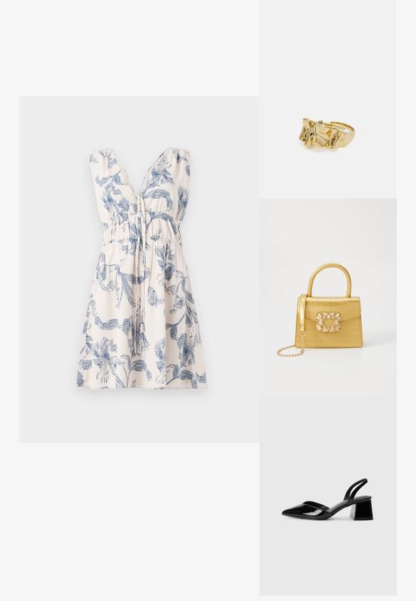 Ziedu raksta kleita krēmkrāsā un zilā, ar dziļu V-veida izgriezumu, saburzītu vidukli un regulējamu saites detaļu fitam. Viegls audums.; Melna lakota āda ar atvērto papēdi, ar smailu purngalu un ģeometrisku blokpapēdi. Iezīmējas elegants, minimāls dizains un gluda tekstūra.; Dzeltena mākslīgā krokodila roku soma ar strukturētu dizainu, augšējo rokturi, noņemamu ķēdes siksniņu un dekoratīvām kristāla rotājumiem aizdares daļā.; Zelta gredzens ar teksturētu, viļņotu dizainu, kas rotāts ar trim izteiktām virsotnēm. Gluda, spīdīga virsma ar atvērtu joslu, lai to varētu pielāgot.