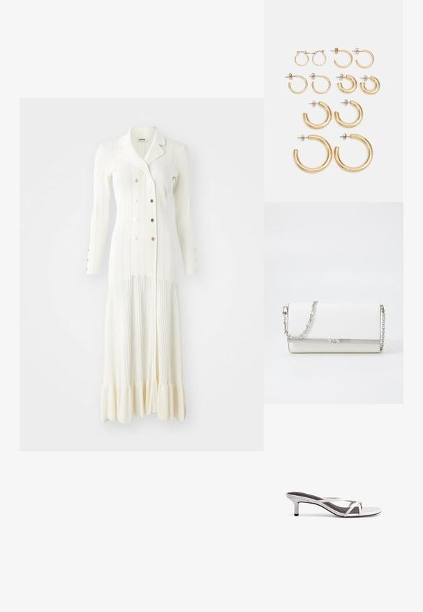 sandro ROBE MIDI LOOK MANTEAU - Abito in maglia - ecru; Sandali con tacco argentato dal design a traverse incrociate, con una texture liscia e una punta affusolata. Il tacco è alto circa cinque centimetri.; MICHAEL Michael Kors MONA - Borsa a tracolla - optic white; Set di orecchini a cerchio in oro con varie misure e design, tra cui stili piccoli, medi e grandi, con finiture metalliche lisce.