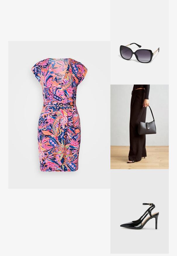Květinové šaty s výstřihem do V, krátkými rukávy a přiléhavým pasem. Barvy zahrnují růžovou, modrou a oranžovou na tmavém pozadí.; Černé lakované kožené lodičky na vysokém podpatku s špičatou špičkou, nastavitelným páskem kolem kotníku a otevřenými stranami. Hladká textura.; Černé oversized sluneční brýle se gradientními skly, silnými rámy a zlatými řetízkovými detaily na nožičkách.; Černá kabelka se strukturovaným tvarem, hladkým povrchem a kovovým uzávěrem. Kombinována s širokými černými kalhotami a sandály s otevřenou špičkou na dřevěné podlaze.