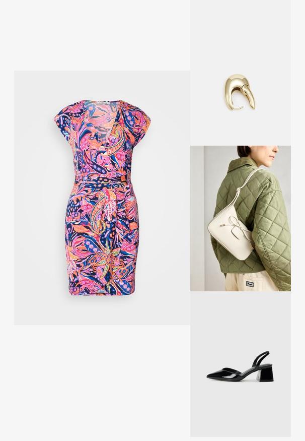 Ziedu motīvu kleita ar V veida dekoltē, īsām piedurknēm un pieguļošu jostasvietu. Krāsas ietver rozā, zilu un oranžu uz tumša fona.; Melna lakota āda ar atvērto papēdi, ar smailu purngalu un ģeometrisku blokpapēdi. Iezīmējas elegants, minimāls dizains un gluda tekstūra.; Bēša ādas crossbody soma ar loku detaļu, zelta aparatūru un vienu regulējamu siksnu, vilkta pāri zaļai quilted jakai.; Zeltīti metāla auskari ar gludu, izliekta dizaina. Ar atšķirīgu smailu formu, pulētu virsmu un eņģu aizdari.