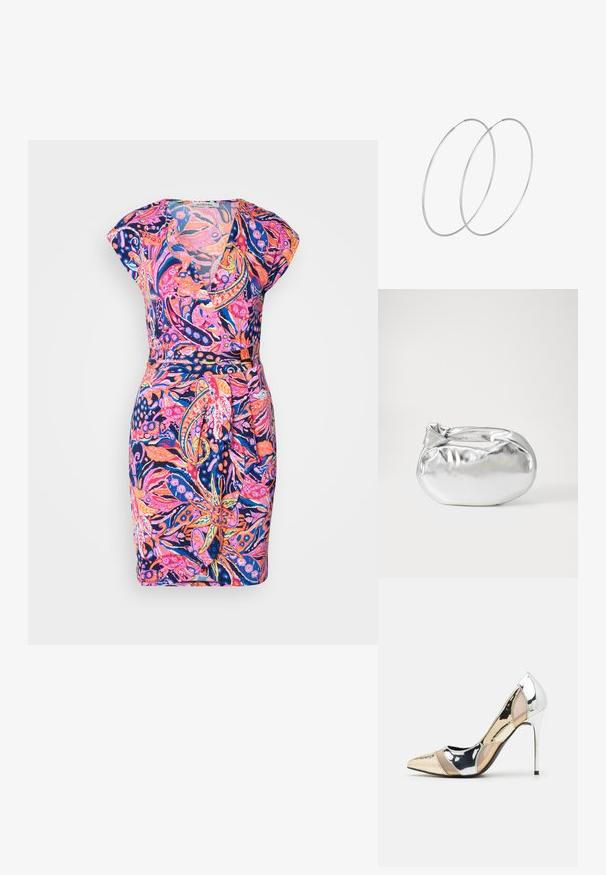 Šaty s kvetinovým vzorom, s výstrihom do V, krátkymi rukávmi a priliehavým pásom. Farby zahŕňajú ružovú, modrú a oranžovú na tmavom pozadí.; Lodičky s špičatou špičkou v striebornom, zlatom a telovom farebnom prevedení. Lesklý povrch s výrezovým dizajnom, s ihlovým opätkom.; Strieborná metalická taška s mäkkým, zaobleným tvarom a uzáverom s uzlíkom. Vyrobená z hladkej syntetickej kože.; Strieborné kruhové náušnice s minimalistickým dizajnom. Cirkulárny tvar, hladký povrch a tenký profil. Ľahké s lesklým povrchom.