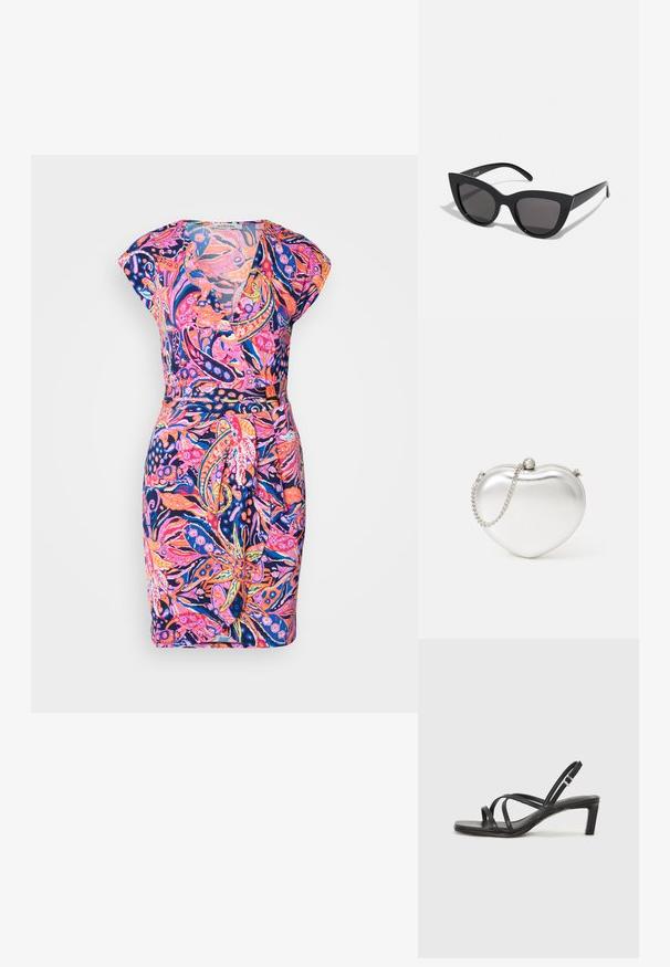 Kukallinen mekko, jossa on V-pääntie, hihattomat cap-hihat ja tyköistuva vyötärö. Värit sisältävät vaaleanpunaisen, sinisen ja oranssin tummalla taustalla.; Mustat hihnalligat, joissa on neliön muotoinen kärki ja matala lohkokorko. Ominaisuuksiin kuuluu useita ohuita hihnoja ja säädettävä nilkkahihna. Valmistettu sileästä nahasta.; Mustat kissansilmäaurinkolasit, joissa on matta pinta, harmaansiniset linssit, terävät kulmat ja tyylikkäät sivuvarret. Brändin nimi näkyy sisävarsissa.; Sydänmuotoinen metallinhohtoinen hopeinen clutch-laukku, jossa on sileä pinta, solkikiinnitys ja hopeaketjuhihna.