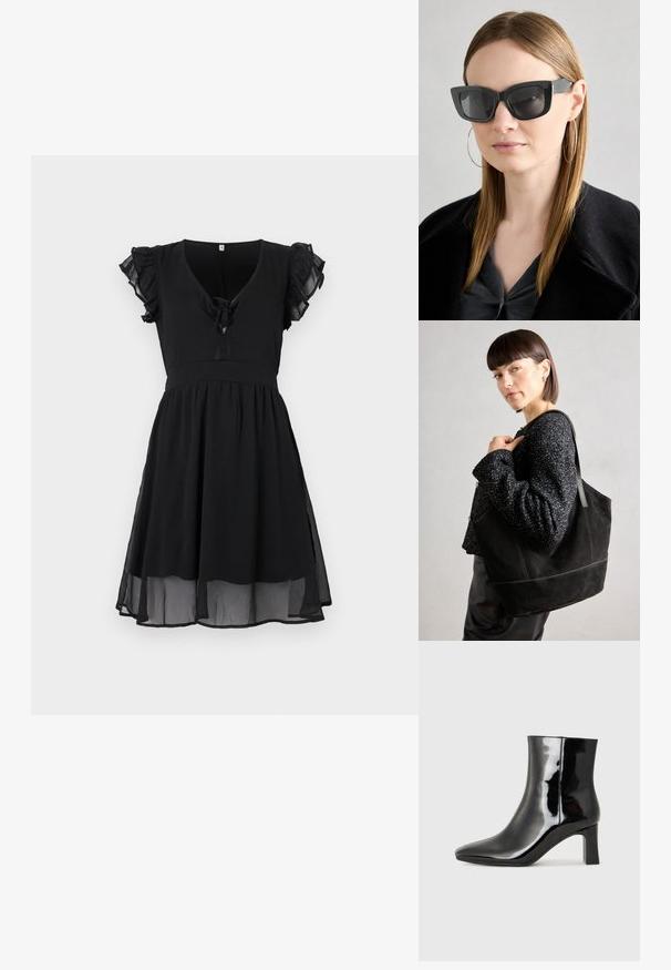 Čierne šaty s krátkymi volánovými rukávmi, výstrihom do V a detailom na viazanie vpredu, s priesvitným lemom a vzdušnou, vrstvenou sukňou.; Čierne lakované členkové topánky s špicatou špičkou a stredne vysokým blokovým podpätkom. Hladká textúra a minimalistický dizajn.; Čierne mačacie slnečné okuliare s tmavými sklami, hrubými obručami a jemnými detailami. Nosí sa s čiernym kabátom a sivým topom, pričom má dlhé rovné vlasy.; Čierna semišová taška so hladkou textúrou, štruktúrovaným tvarom a kontrastným šitím. Obsahuje dlhé popruhy na nosenie na ramene.