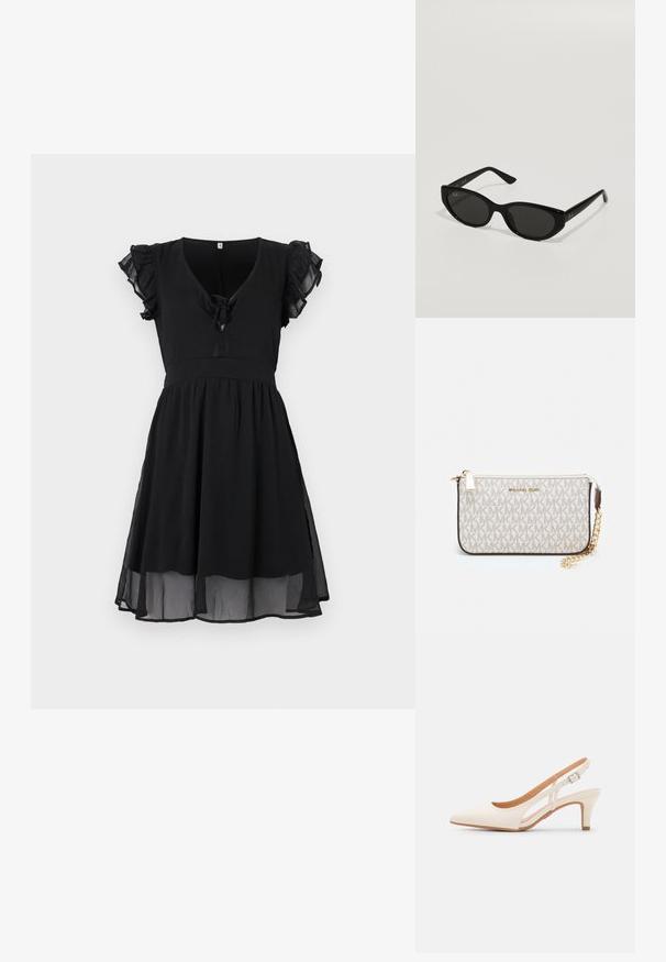 Mustmusts kleit lühikeste volangiline varrukatega, V-kaelusega ja ees sidumise detailiga, millel on voolav, kihiline seelik ja läbipaistev äär.; Valge slingback konts, terava ninaga, siledast ülemisest materjalist, madala ploki kontsaga ja külgse nähtavusega ning reguleeritava pandla rihmaga.; Mustad mustaga paari prille kitsaste kassi-silmadega. Valmistatud siledast plastikust, tumedate läätsede ja peente logode aktsentidega templitel.; Michael Korsi randmevõru beige kaetud kangast, millel on korduv MK logo muster, kuldne riistvara ja eemaldatav ahelistrap.