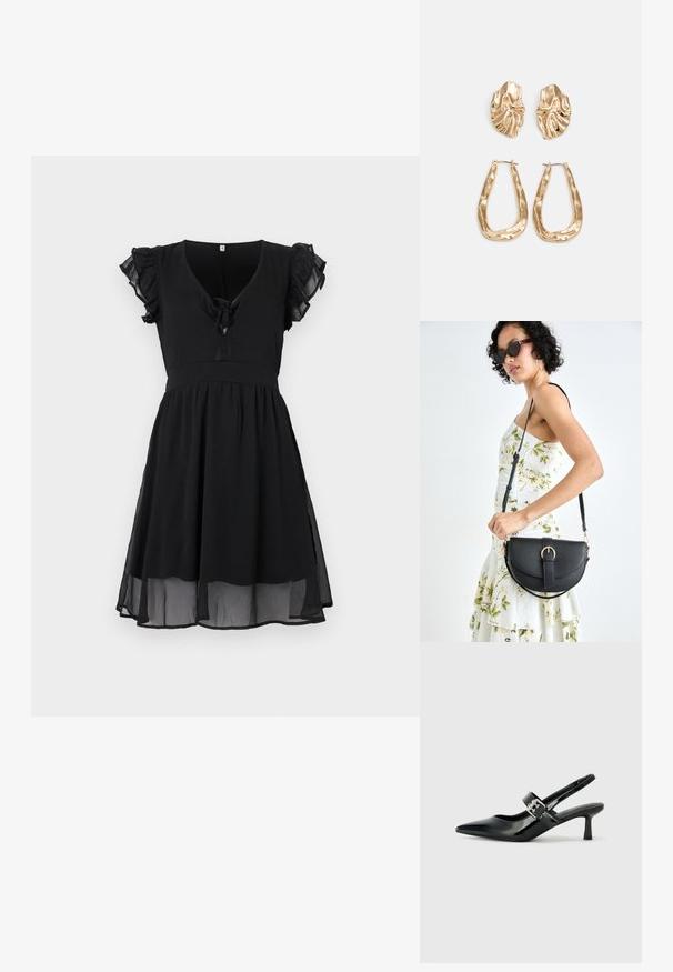 Černé šaty s krátkými volánkovými rukávy, výstřihem do V a mašlí detailu v přední části, mají splývavou, vrstvenou sukni a průhledný lem.; Černé lakované boty na podpatku typu slingback s špičatou špičkou a malým blokovým podpatkem, které mají na pásku stříbrný přezkový akcent.; Černá kožená kabelka s křivkovým tvarem, odnímatelným popruhem a zlatými detaily. Kabelka má klopu s přezkou.; Náušnice ve zlatém tónu s texturovanými, vlnitými tvary. Obsahují sochařské klipy a design otevřeného kruhu s kladivkovým povrchem.