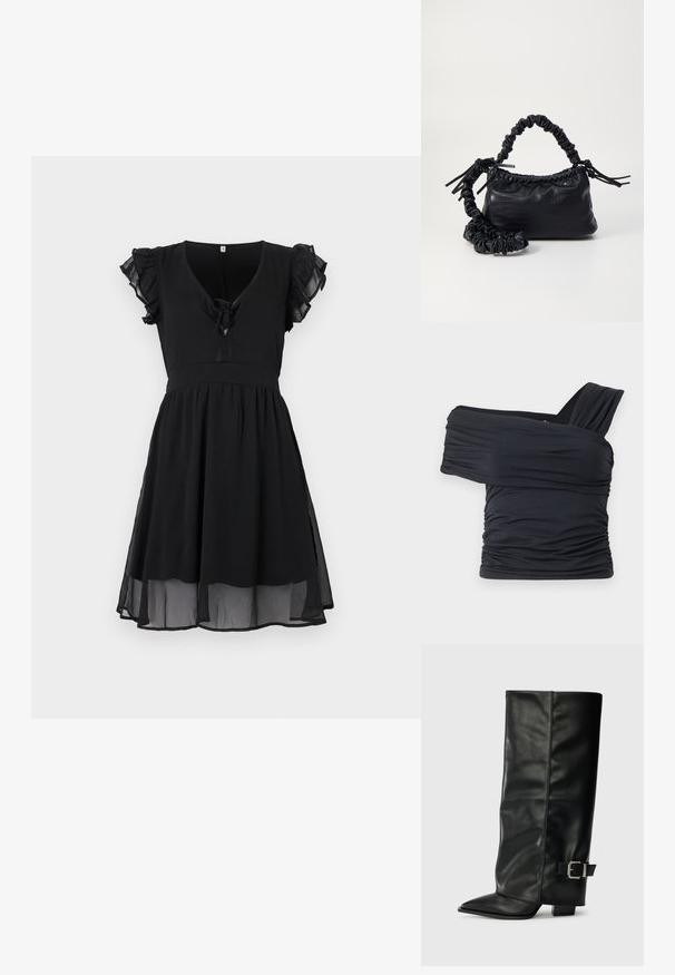 Crna haljina s kratkim volanastim rukavima, V-izrezom i detaljem s vezanjem sprijeda, koja ima lepršavu, slojevitu suknju i prozirni rub.; Crna bluzica bez naramenica napravljena od mekog, rastezljivog materijala, sa nabranim detaljima i širokim remenom s jedne strane.; Crne kožne čizme do gležnja sa šiljastim vrhom, glatkom teksturom i srebrnim kopčanjem sa strane. Debela kvadratna peta.; Crna torba od umjetne kože s teksturom krokodila, s cinčanim vrhom i naboranom trakom. Izgleda mekano i kompaktno u dizajnu.
