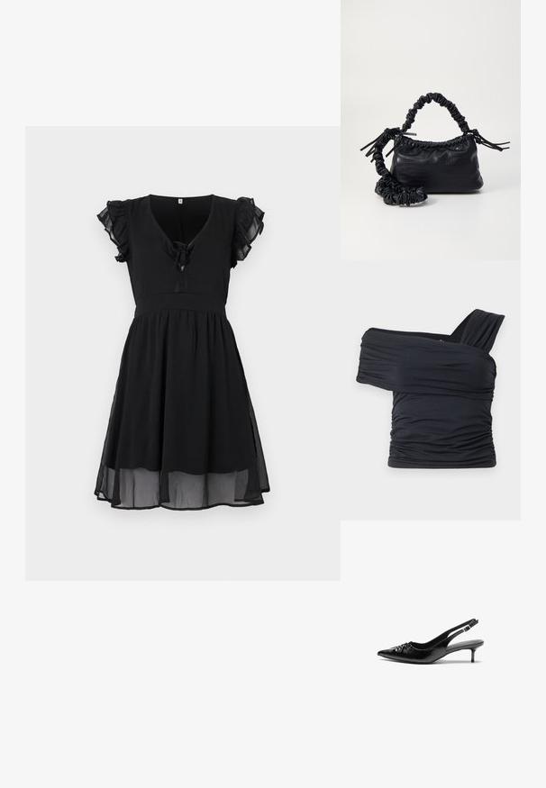 Vestido preto com mangas curtas em babados, decote em V e detalhe amarrado na frente, apresentando uma saia fluída em camadas e barra transparente.; Top preto sem alças feito de um tecido macio e elástico, com detalhes franzidos e um design de alça larga de um lado.; Sapatos de salto alto slingback em couro preto com bico fino, pequeno salto kitten e um detalhe decorativo em forma de nó na parte da frente. Textura suave em toda a parte.; Bolsa de mão em couro sintético preto com textura de crocodilo, topo franzido e alça enrugada. Apresenta um design suave e compacto.