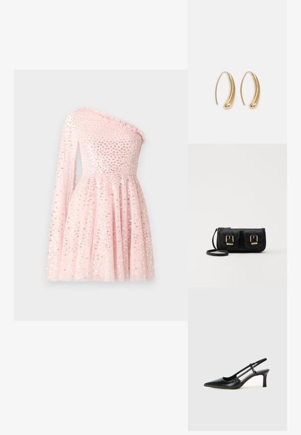 Vienuplecu rozā kleita ar caurspīdīgu garo piedurkni, rotāta ar pērļu izšuvumiem, viļņotu kakla izgriezumu un izplestu svārku.; Melna patent āda ar slīdošo papēdi un smailo purngalu, ar teksturētu čūsku drukājumu, regulējamu siksniņu un īsu teksturētu blokpapēdi.; Melnas ādas crossbody soma ar divām priekšējām kabatām, zelta sprādzēm, ar rāvējslēdzēju aizdari un šauru siksnu. Strukturēta virsma un kompakta taisnstūra forma.; Zelta toņu metāla gredzena auskari ar izliektu, pagarinātu formu. Ar gludu, spīdīgu virsma un noapaļotu galu papildu detaļām.