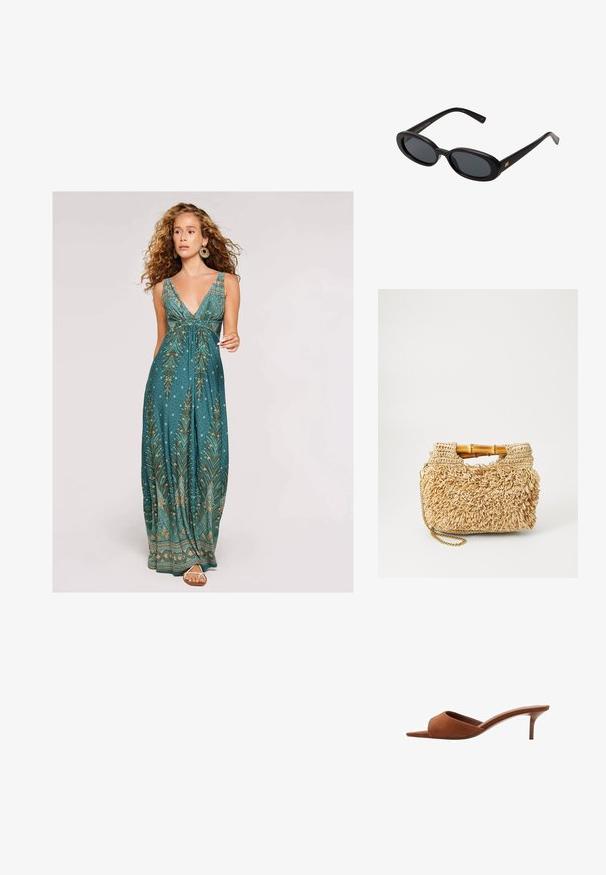 Vestido maxi en azul petróleo con un escote en V profundo, que presenta un patrón de hojas en dorado y crema, y una silueta fluida. Acabado con sandalias sencillas.; Mules de ante marrón con punta abierta y diseño curvado, que presentan un tacón stiletto bajo y líneas suaves y minimalistas.; Gafas de sol grandes de color negro con lentes ovalados, montura de plástico suave y detalles dorados en las patillas. Los lentes oscuros ofrecen protección solar.; Bolso de paja tejido con asas de bambú, que presenta un diseño de flecos texturizados en beige natural y una correa de cadena dorada.