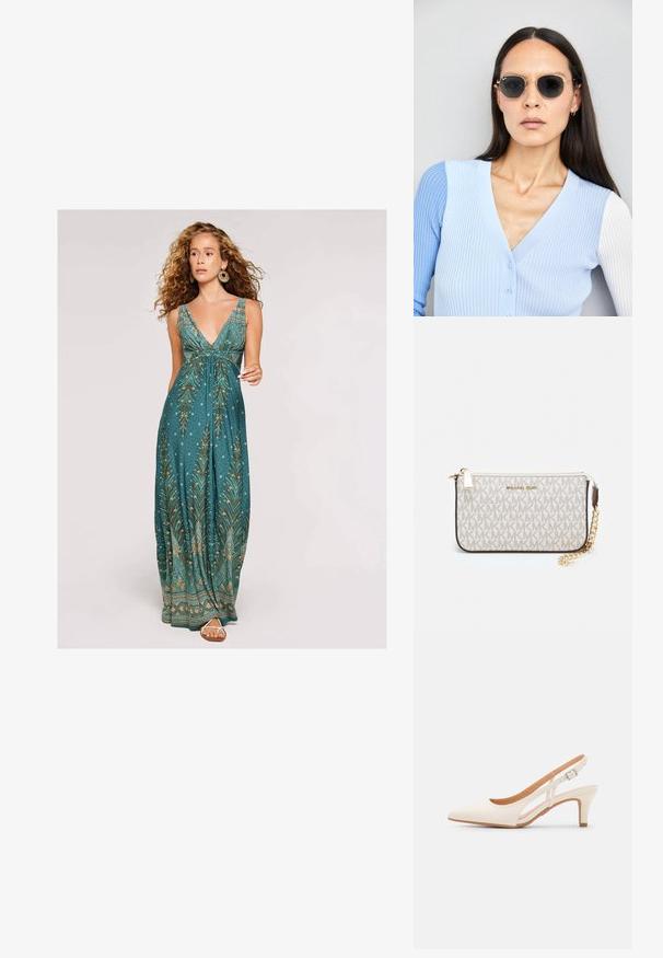 Maxikleid in Teal mit tiefem V-Ausschnitt, verziert mit einem Blattmuster in Gold und Creme, und einer fließenden Silhouette. Kombinierbar mit schlichten Sandalen.; Weiße Slingback-Absätze mit spitzer Zehenpartie, glattem Obermaterial, niedrigem Blockabsatz und seitlichem Ausschnitt-Design mit verstellbarem Schnallenriemen.; Runde Sonnenbrillen mit dunklen Gläsern und goldenen Rahmen. Das Modell trägt eine hellblaue, gerippte Strickjacke mit Knöpfen und weißen Kontrastärmeln.; Michael Kors Clutch in beige beschichtetem Canvas mit einem wiederholten MK-Logo-Muster, goldfarbener hardware und einem abnehmbaren Kettenriemen.