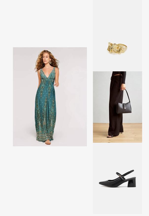 Vestido maxi en azul petróleo con un escote en V profundo, que presenta un patrón de hojas en dorado y crema, y una silueta fluida. Acabado con sandalias sencillas.; Tacones slingback de charol negro con punta afilada, un diseño de corte redondeado y tacón bloque. Incluye un detalle de hebilla en tono dorado.; Bolso negro con forma estructurada, textura suave y un cierre metálico. Combinado con pantalones anchos negros y sandalias de dedo en un suelo de madera.; Anillo de oro con diseño texturizado y ondulado que presenta tres picos prominentes. Superficie lisa y brillante con una banda abierta para un ajuste ajustable.