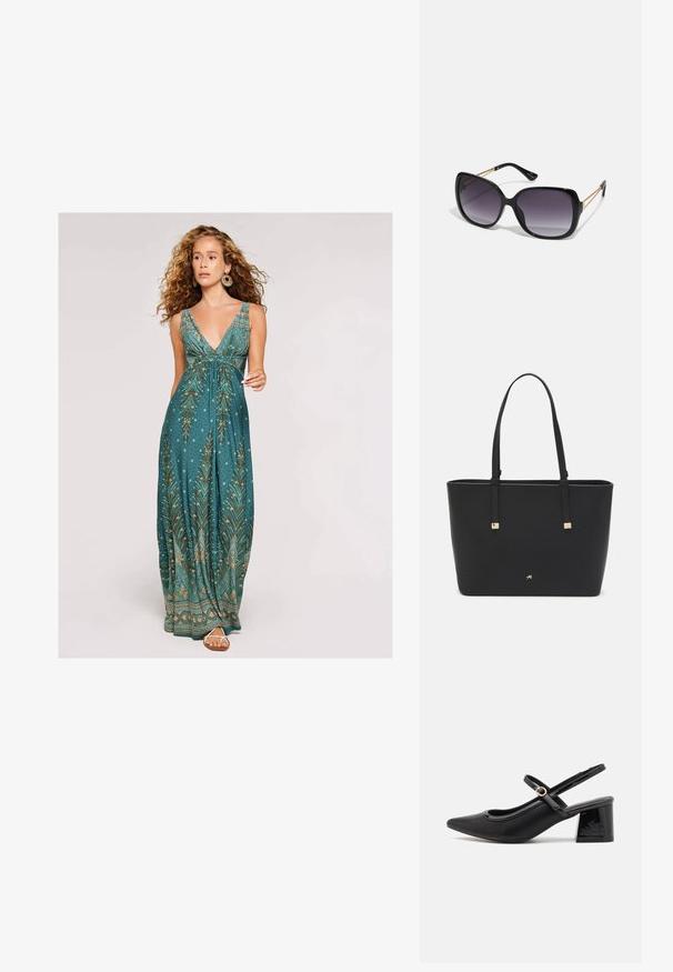 Maxikjole i teal med en dyb V-udskæring, prydet med et bladmønster i guld og creme, samt en flydende silhuet. Akkompagneres af enkle sandaler.; Sorte patentlæder slingback hæle med spids tå, rund udskæring og blokhæl. Har en guldtonet spændeaccents.; Sorte oversized solbriller med gradientlinser, tykke stel og guldfarvet kæde detaljer på tempelarmene.; Sort tote bag lavet af syntetisk materiale, med et enkelt rektangulært design, gyldne firkantede detaljer og dobbelt håndtag.
