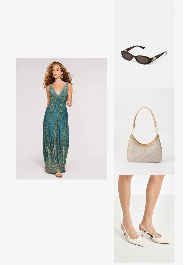 Vestido maxi en azul petróleo con un escote en V profundo, que presenta un patrón de hojas en dorado y crema, y una silueta fluida. Acabado con sandalias sencillas.; Tacones slingback de charol beige con punta afilada y un tacón de 5 cm, con lados recortados y una delgada correa en el tobillo.; Gafas de sol carey con lentes ovalados alargados, tintado marrón, acentos de logo dorado en las patillas y brazos negros elegantes.; Bolso de mano beige con un patrón y forma curva, acentos de cuero y un logo tono dorado en la parte frontal. Cuenta con un asa corta para un fácil transporte.
