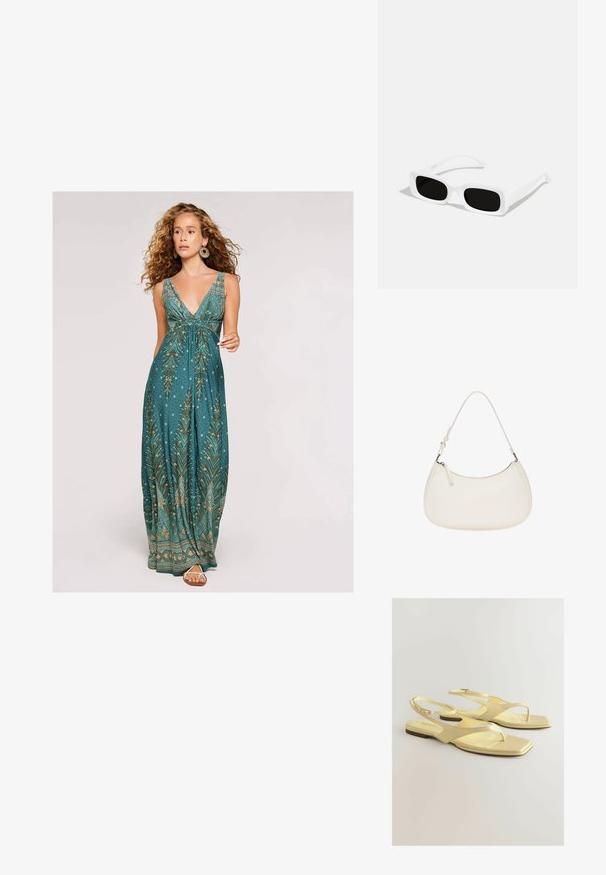 Robe maxi en teal avec un décolleté en V profond, arborant un motif de feuilles en or et crème, et une silhouette fluide. À associer avec des sandales simples.; Sandales plates jaunes avec une tige en simili cuir texturé, design à lanière entre les orteils et une sangle de cheville avec une petite boucle. Forme de pied carrée, style minimaliste.; Lunettes de soleil rectangulaires blanches avec des verres noirs, présentant une finition mate et une texture lisse. Les branches sont élégantes et légèrement courbées.; Sac à main en cuir blanc présentant une forme incurvée, une bandoulière ajustable et une fermeture éclair sur le dessus. Texture lisse avec des détails matériels minimalistes.