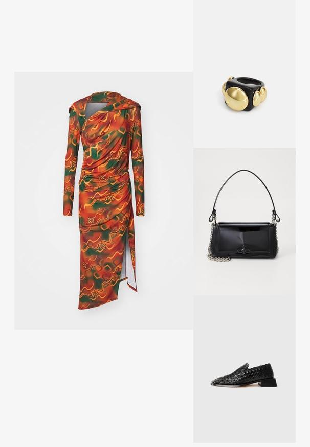 Pitkähihainen mekko, jossa on elävä oranssi, vihreä ja keltainen abstrakti kuvio. Kangas on sileä, ja siinä on laskostettu yksityiskohta sekä sivuaukko.; Mustat nahkaiset kudotut liukuvarvaskengät, joissa on matala lohkare korko ja aaltoileva reuna, esillä valkoisella taustalla.; Musta lakattu nahkalaukku suorakaiteen muotoisena, ketjuhihnalla ja erottuvalla varustusesineellä keskellä. Siveltimellinen pinta.; La Manso SQUARE - Sormus - black
