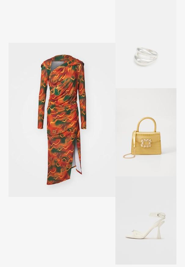 Sukienka z długim rękawem w żywych odcieniach pomarańczowym, zielonym i żółtym, w abstrakcyjnym wzorze. Materiał jest gładki, z drapowanymi detalami i bocznym rozcięciem.; Białe skórzane sandały na wysokim obcasie z paskami, o smukłym wyglądzie, z przezroczystym słupkiem i ozdobnym elementem na palcach.; Żółta torebka z faux-krokodylka o wyrafinowanej konstrukcji, z górnym uchwytem, odpinanym łańcuszkiem oraz dekoracyjnym kryształowym zdobieniem na zapięciu.; Srebrna obrączka podwójna z gładką, polerowaną powierzchnią. Posiada płynny, zakrzywiony kształt z nakładającymi się sekcjami, co nadaje nowoczesny wygląd.