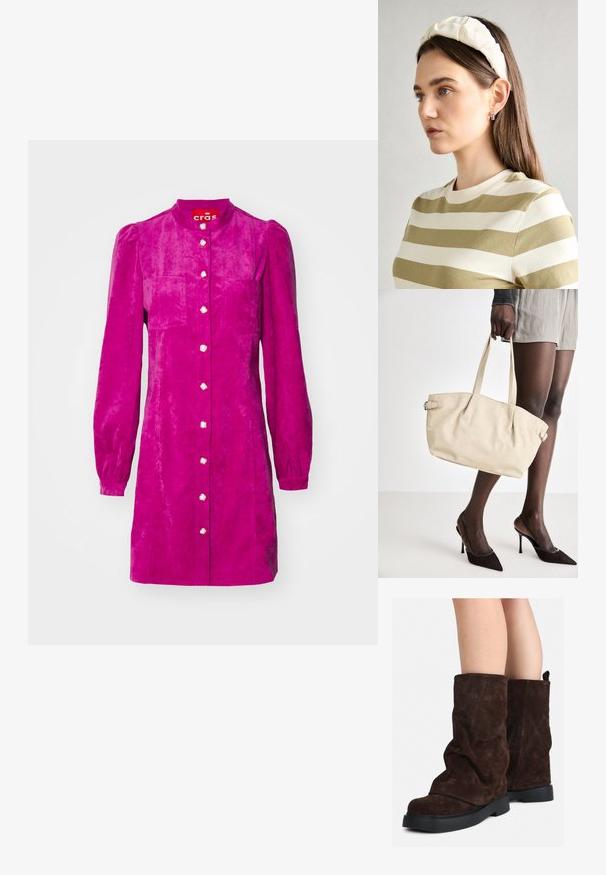 Cras LILIBETH DRESS - Marškininė suknelė - fuchsia; Rudi od suede iki blauzdų aukščio, su juodais gumos padais, dėvimi ant nuogų kojų, rodo lengvą raukšlių susidarymą ant batų šonų.; Kreminė rankinė su lygiu odiniu paviršiumi, išplanuota forma, dviem rankenomis ir šoninėmis sagtimis. Sujungta su elegantiškais juodais aukštakulniais batais.; Kremo spalvos paminkštinta galvos juosta su suktiniu dizainu, derinama su smėlio ir baltos spalvos juostelėmis marškiniais, turinčiais apvalų iškirpimą. Subtilūs papuošalų akcentai.