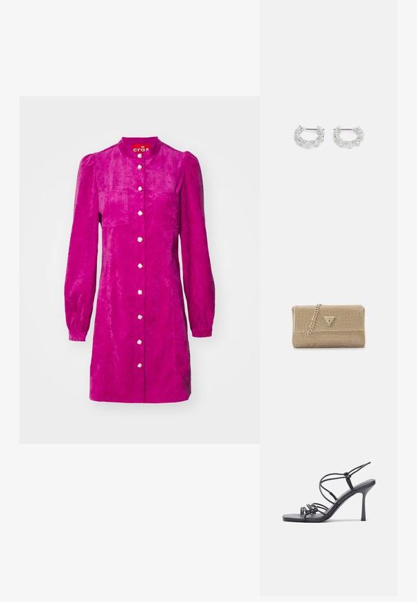 Cras LILIBETH DRESS - Abito a camicia - fuchsia; Sandali neri con tacco alto presentano sottili cinturini con design annodato, una punta quadrata liscia e un elegante tacco a spillo.; Borsa dorata con una texture intricata di perline, accentuata da un logo triangolare e una tracolla in catena metallica. Forma rettangolare, design elegante.; Orecchini a cerchio in argento con cristalli trasparenti, rettangolari e triangolari disposti in un design a motivi. presenza di perni per un fissaggio sicuro.