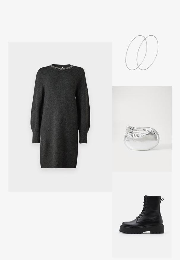 Dunkelgraues Strickkleid mit einem runden Ausschnitt, verziert mit metallischen Akzenten. Mit langen, leicht gepufften Ärmeln und gerippten Bündchen.; Schwarze Lederstiefeletten mit runder Zehenpartie, Schnürung vorne und einer dicken Gummisohle mit strukturiertem Profil. Mit Zugschlaufe an der Rückseite.; Silberne metallic Pouch-Tasche mit einer sanften, abgerundeten Form und einem geknoteten Verschluss oben. Hergestellt aus glattem Kunstleder.; Silberne Creolen mit minimalistischem Design. Rundform, glatte Oberfläche und dünnes Profil. Leichtgewichtig mit hochglänzender Oberfläche.