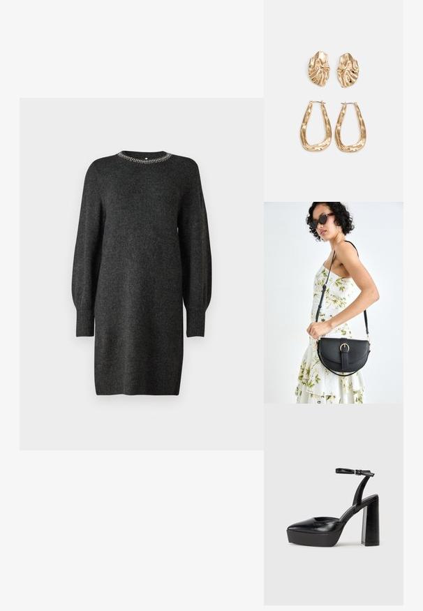 Sötétszürke kötött ruha kerek nyakkivágással, fémes díszítéssel. Hosszú, enyhén puffasztott ujjakkal és bordás mandzsettákkal rendelkezik.; Fekete platform magassarkú cipők hegyes orral és állítható bokapánttal. Sima bőrből készült, vastag talppal.; Fekete bőrtáska ívelt formával, levehető pánttal és arany színű fémrészekkel. A táskán egy csattal díszített fedél található.; Aranyszínű fülbevalók, texturált, hullámos formákkal. Tartalmazza a szobrászati klipszes studokat és az open hoop kialakítást, kalapácsos felülettel.
