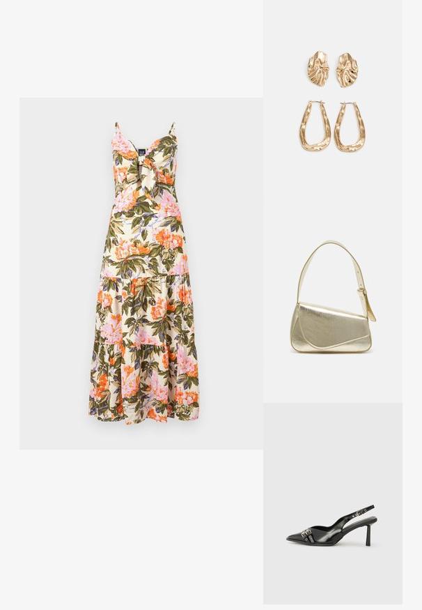 Virágmintás maxi ruha spagetti pántokkal, krémszínű anyag rózsaszín, narancs és zöld virágmintákkal, és réteges fodros aljjal.; Fekete lakk bőr, hegyes orrú slingback cipő, boka pántokkal, ezüst csatokkal és hardverelemekkel, valamint karcsú sarkú.; Arany fémes kézi táska, strukturált dizájnnal, sima felülettel és állítható pánttal. Egyedi háromszög alakú, minimalistának mondható varrásokkal rendelkezik.; Aranyszínű fülbevalók, texturált, hullámos formákkal. Tartalmazza a szobrászati klipszes studokat és az open hoop kialakítást, kalapácsos felülettel.