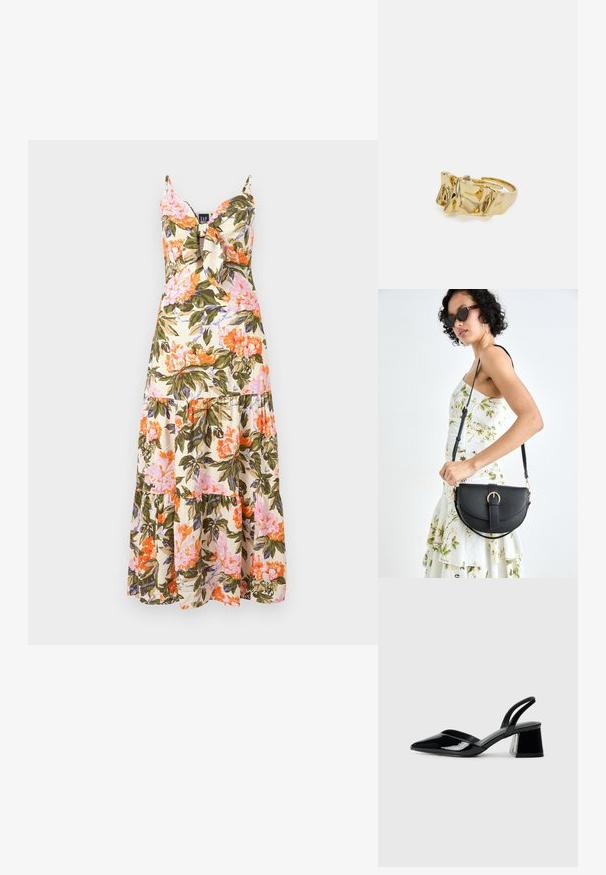 Kvetinové maxi šaty so spaghetti ramienkami, krémová látka s ružovými, oranžovými a zelenými kvetinovými vzormi a tiered volánkovým lemom.; Čierne lakované kožené sandálové podpätky s špicatou špičkou a geometrickým blokovým podpätkom. Disponujú elegantným, minimalistickým dizajnom a hladkým povrchom.; Čierna kožená kabelka s zaobleným tvarom, odnímateľným popruhom a zlatými doplnkami. Kabelka má klopu s detailom s prackou.; Zlatý prsteň s textúrovaným, vlnitým dizajnom, ktorý má tri výrazné vrcholy. Hladký, lesklý povrch a otvorený pásik pre nastaviteľné prispôsobenie.