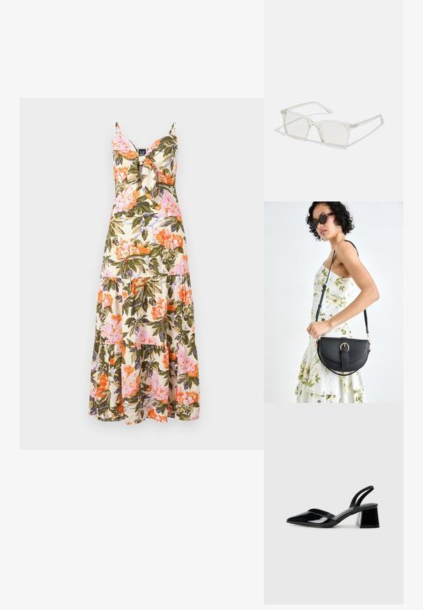 Vestido maxi floral com alças spaghetti, tecido creme com padrões florais em rosa, laranja e verde, e uma bainha em camadas com babados.; Sandy em verniz preto com salto slingback, ponta afilada e salto geométrico. Apresenta um design elegante e minimalista com textura suave.; Óculos quadrados de plástico transparente com lentes translúcidas, apresentando detalhes em dourado nas hastes.; Bolsa de couro preta com forma curva, alça destacável e detalhes em dourado. A bolsa possui uma aba com detalhe de fivela.