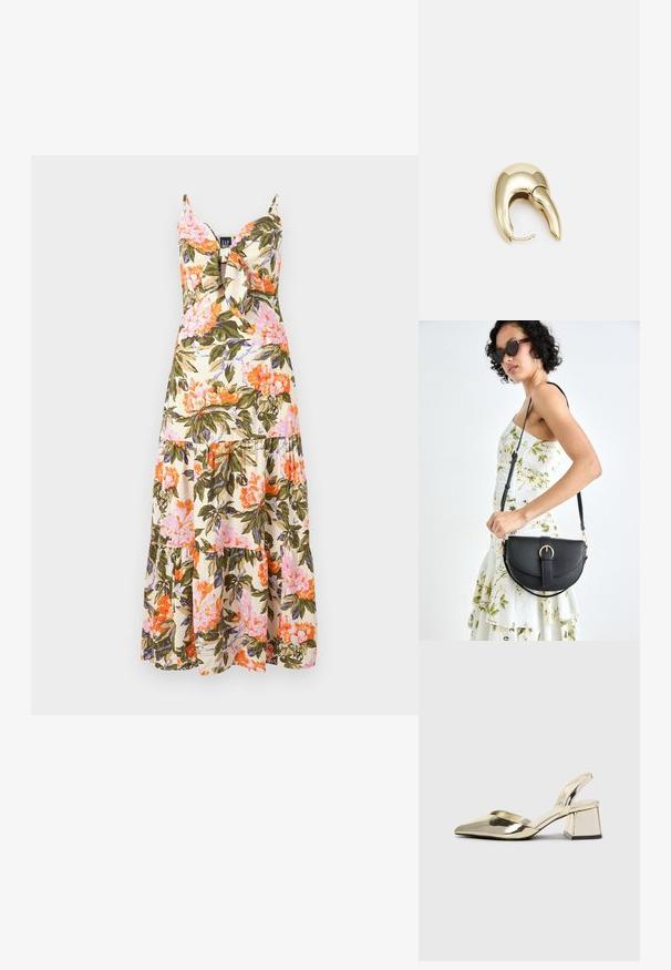 Rochie maxi florală cu bretele subțiri, material crem cu modele florale în nuanțe de roz, portocaliu și verde, și tiv cu volane stratificate.; Pantofi cu toc slingback metalici aurii, cu vârf ascuțit și toc chunky. Textură netedă, design minimalist și o curea subțire.; Geantă din piele neagră, cu o formă curbată, curea detașabilă și accesorii aurii. Geanta are un capac cu un detaliu tip cataramă.; Cercei din metal de culoare aurie cu un design elegant și curbat. Prezintă o formă distinctivă, ascuțită, o suprafață lustruită și un sistem de închidere cu balama.