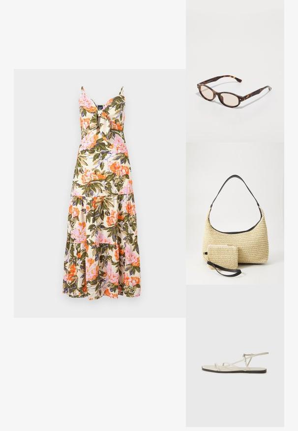 Cvečni maksi obleka s tanjšimi naramnicami, kremasta tkanina z rožnatimi, oranžnimi in zelenimi cvetličnimi vzorci ter plapolajočim ruffle robom.; Beige ravne sandale z več tankimi trakovi in nastavljivim zaponcem. Podplat je raven z rahlo temnim kontrastom na robu.; Očala iz morskega želvovca z zaobljeno obliko in svetlimi lečami. Imajo trde ročke z majhnimi zlatimi detajli, narejena so iz plastičnega materiala.; Tkana torbica iz slame s zakrivljenim siluetom, ki vključuje gladek črn usnjen trak in usklajen majhen žep, pritrjen z ročajem za zapestje.