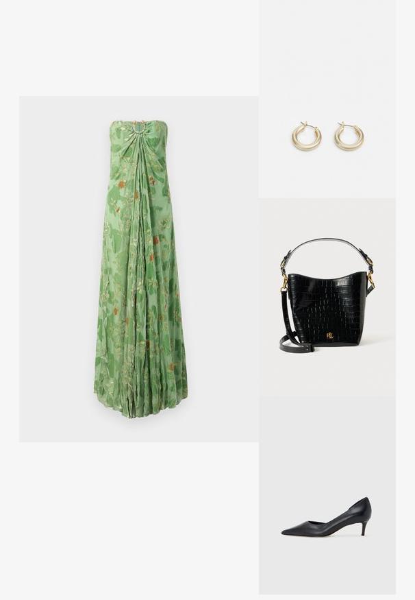 Vestido verde sem alças, até ao chão, com padrões florais em dourado e laranja, tecido franzido no decote e pregas fluídas na frente.; Sapato de salto alto preto em pele com bico fino e salto baixo. Apresenta uma textura suave e brilho subtil. Corte aberto na parte da frente para um detalhe adicional.; Bolsa de pele corcunda preta com textura de crocodilo, formato curvo, detalhes em metal dourado, alça ajustável e logotipo na parte da frente.; Lauren Ralph Lauren BASIC SMALL HOOP - Brincos - gold-coloured