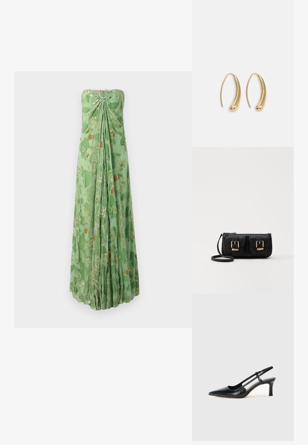 Rochie lungă până la podea, fără bretele, de culoare verde, cu modele florale aurii și portocalii, material strâns la decolteu și plisuri fluide pe față.; Pantofi cu toc slingback negri din patent, cu vârf ascuțit, cu imprimeu de șarpe texturat, curea ajustabilă și toc scurt texturat.; Geantă neagră din piele, tip crossbody, cu două buzunare frontale, catarame aurii, închidere cu fermoar și o curea subțire. Suprafață texturată și formă rectangulară compactă.; Cercei din metal auriu, cu un design curbat și alungit. Au o suprafață netedă și strălucitoare, cu un vârf rotunjit pentru un detaliu suplimentar.