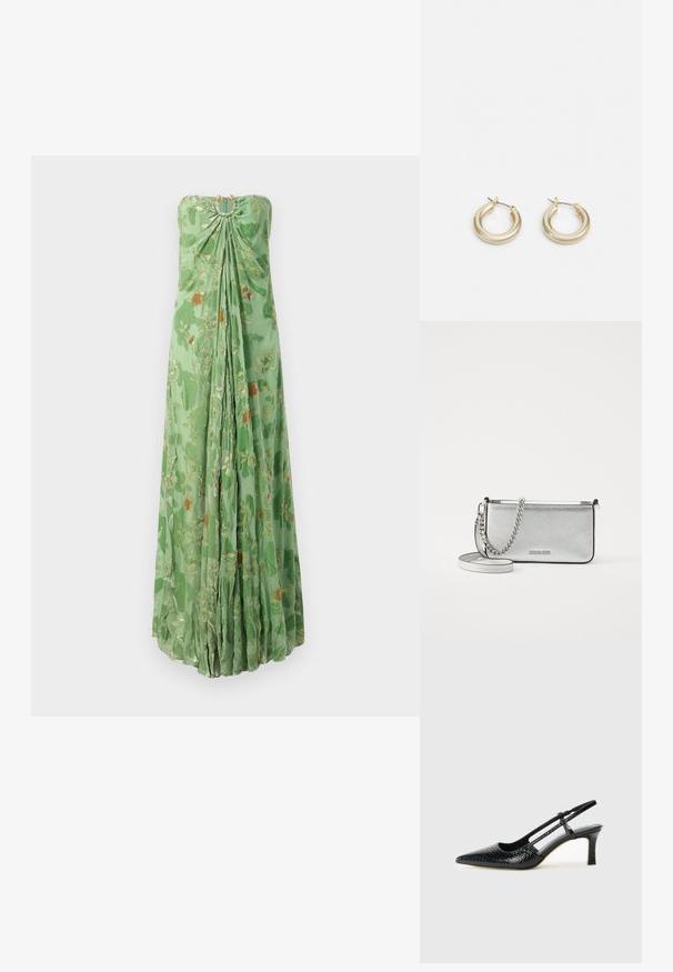 Haljina bez naramenica do poda u zelenoj boji s zlatnim i narančastim cvjetnim uzorcima, skupljeno platno na dekoltea i lepršavi nabori duž prednje strane.; Crne lakirane slingback pete s oštrim vrhom, s teksturiranim uzorkom zmijske kože, podesivom remenom i kratkom, teksturiranom blok-petom.; Srebrna kožna torba preko tijela s teksturiranom završnom obradom, detaljima od lanca i trake, te zatvaranjem na zip. Ima logo na prednjoj strani.; Lauren Ralph Lauren BASIC SMALL HOOP - Naušnice - gold-coloured