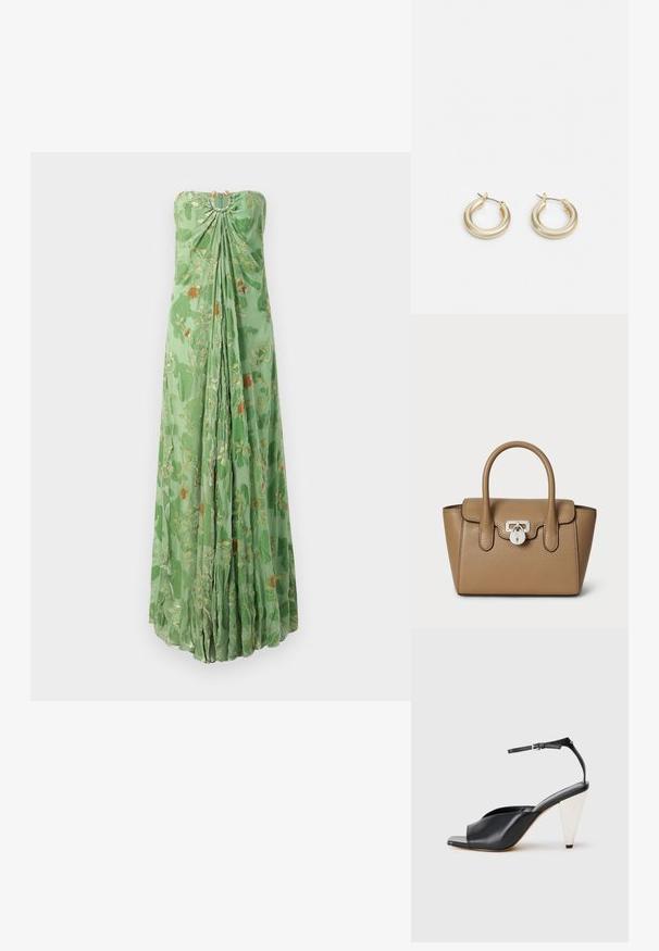 Vestido verde sem alças, até ao chão, com padrões florais em dourado e laranja, tecido franzido no decote e pregas fluídas na frente.; Sandal de salto alto em couro preto com bico aberto, design assimétrico, tira no tornozelo e um salto metálico em forma de cone. Textura suave por toda a parte.; Lauren Ralph Lauren PEBBLED LEATHER SMALL TANNER SATCHEL - Mala de mão - camel; Lauren Ralph Lauren BASIC SMALL HOOP - Brincos - gold-coloured