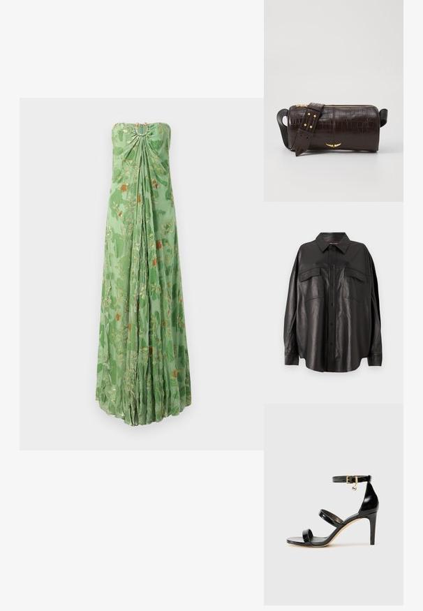 Srajčna dolga zelena obleka brez naramnic z zlatimi in oranžnimi cvetličnimi motivi, z zbranimi tkaninami na ovratniku in valovitimi nabranimi čmi na sprednji strani.; Črna usnjena srajca z gumbnim zapiranjem spredaj, s koničastim ovratnikom in dvema prsnih žepoma. Ima ohlapen kroj in gladko teksturo.; Črne lakirane sandale s tremi trakovi, zaponko okoli gležnja in 10-centimetrsko stiletto peto. Imajo detajle iz zlatega kovanja in logotipni čar.; Brah blaženka iz rjavega usnja z embosiranim krokodilom, cilindrične oblike, zlatih kovinskih elementov in odstranljivim pasom, ki vsebuje žebljičke.
