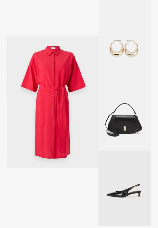 Punainen kauluspaita, jossa on lyhyet hihat, napitettava etuosa ja vastaava vyö vyötäröllä. Sileä kangas, jolla on kevyt kiilto.; Mustat nahkaiset slingback-korkokengät, joissa on terävä kärki, ohuet korot ja kultasävytteinen yksityiskohta säädettävässä hihnassa. Silkkinen pinta.; Mustalla nahkalaukulla, jossa on jämäkkä muotoilu, lyhyt malli, yläkahva ja kultaiset yksityiskohdat. Säädettävä olkahihna sisältyy.; Kulta-toned korvakorut, joissa on puolikuun muoto, kiillotettu pinta ja sarana-closure. Sujuva rakenne ja heijastava pinta parantavat näkyvyyttä.