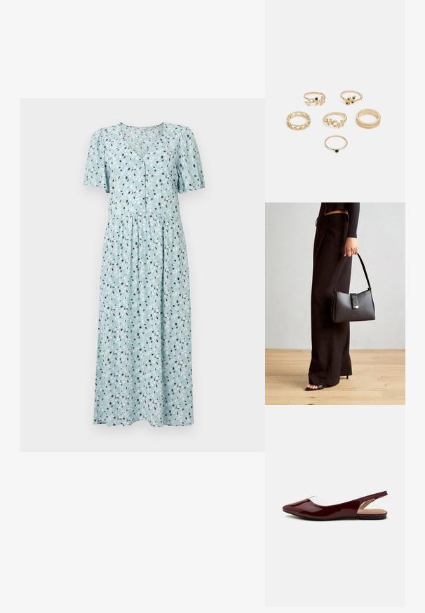 Helellilane sinine kleit lillede mustriga, lühikesed pitsseuksed, V-kaelus, nööbiga sulgemine ja kogutud vöökoht. Pehme kangast tekstuur.; Burks patendiga burgundia värvi slingback kortlikud kingad terava varbaga, läbipaistva lõikega ja lameda musta tallaga. Sile tekstuur, minimalistlik disain.; Must musta kott, millel on struktureeritud kuju, sile tekstuur ja metallist klamber. Kombineeritud laiate mustade pükstega ja avatud varvaste sandaalidega puidust põrandal.; Kuuest kuldrõngast koosnev komplekt, millel on erinevad kujundid: punutud, lehemotiivid ja ühtlased ribad; mõned neist on roheliste vääriskivide aktsentidega.