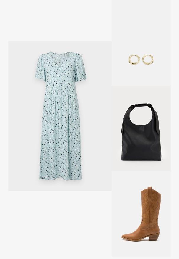 Világoskék ruha virágmintával, rövid puffos ujjal, V-alakú nyakkivágással, gombos záródással és redőzött derékkal. Puha szövettextúra.; Barna bőr cowboy csizma hegyes orral, hímzett örvény mintákkal a szárán, és stílusos, réteges blokk sarokkal. Kihúzó füle segíti a könnyű felhúzást.; Fekete bőr hobo táska egyetlen, puha, lekerekített fogantyúval; sima textúrával és minimalista dizájnnal rendelkezik. Nincs látható hardver vagy díszítés.; Arany karika fülbevalók текстúrált, szabálytalan formában. Zárása zökkenőmentes, felülete fényes, ami egy modern dizájnt hangsúlyoz.