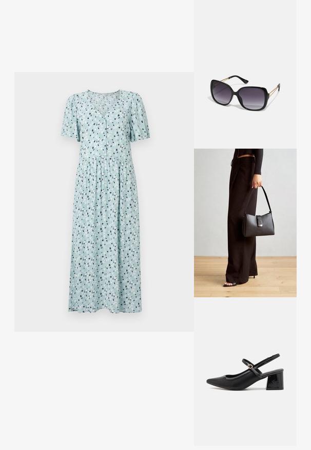 Hellblaues Kleid mit floralem Muster, kurzen Puffärmeln, V-Ausschnitt, Knopfverschluss und einem gerafften Taillen-Design. Weicher Stoff.; Schwarze Lackleder-Slingback-Absätze mit spitzer Zehenform, einem runden Ausschnitt-Design und einem Blockabsatz. Mit einem goldfarbenen Schnallenakzent.; Schwarze übergroße Sonnenbrille mit getönten Gläsern, dicken Rahmen und goldfarbener Kettendetaillierung an den Bügeln.; Schwarze Handtasche mit strukturierter Form, glatter Textur und einem metallischen Verschluss. Kombiniert mit weiten schwarzen Hosen und offenen Sandalen auf einem Holzboden.