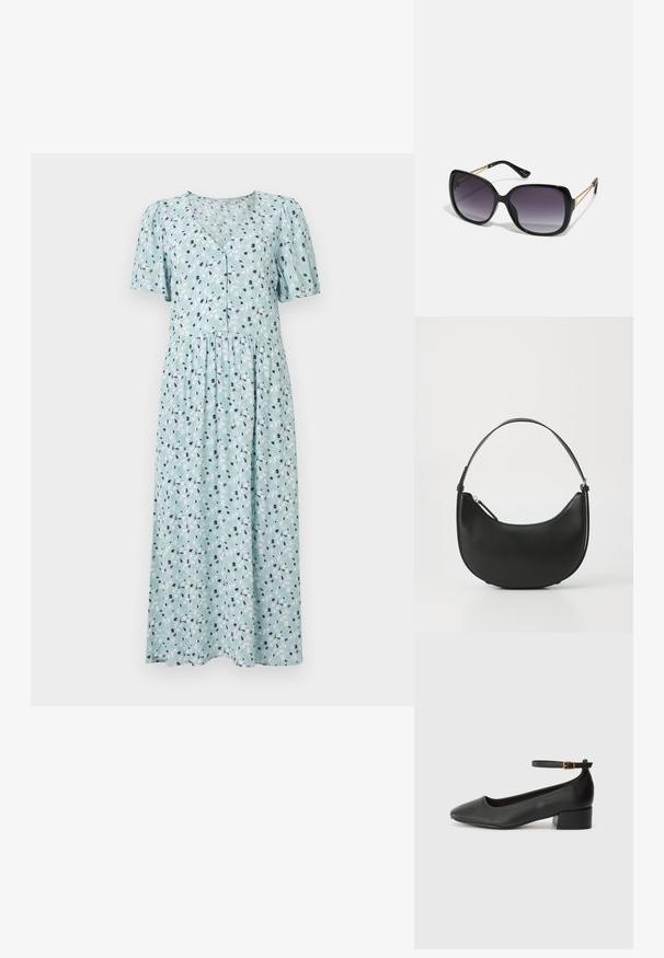 Svetlo modra obleka s cvetličnim vzorcem, kratkimi nabranimi rokavi, V-izrezom, zapiranjem na gumb in nabranim pasom. Mehka tekstura tkanine.; Črne usnjene pumpice z nazobčanimi prsti in nizko blokasto peto. Imajo trak okoli gležnja z zaponko v zlatem tonu. Gladka tekstura.; Črne prevelike sončne očala z degradacijskimi lečami, debelimi okvirji in zlatimi verižicami na ročajih.; Črna usnjena torba za rame s ukrivljeno obliko, ozkimi ročajem in zadrgo. Ima gladko teksturo in diskretno podrobnost z logotipom.