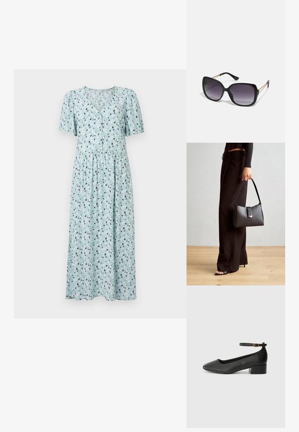 Svetlo modra obleka s cvetličnim vzorcem, kratkimi nabranimi rokavi, V-izrezom, zapiranjem na gumb in nabranim pasom. Mehka tekstura tkanine.; Črne usnjene pumpice z nazobčanimi prsti in nizko blokasto peto. Imajo trak okoli gležnja z zaponko v zlatem tonu. Gladka tekstura.; Črne prevelike sončne očala z degradacijskimi lečami, debelimi okvirji in zlatimi verižicami na ročajih.; Črna torbica z strukturirano obliko, gladko teksturo in kovinskim zaponko. Ujemajo se z širokimi črnimi hlačami in odprtimi sandali na lesenem tleh.