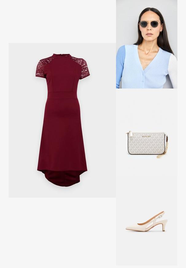 Burgundia kleit lühikeste pitskäiste, kõrge kaeluse, liibuva kehaosa ja voolava seeliku ning pikema tagahemiga. Tekstureeritud pitsaktsendid.; Valge slingback konts, terava ninaga, siledast ülemisest materjalist, madala ploki kontsaga ja külgse nähtavusega ning reguleeritava pandla rihmaga.; Ringikujulised prillid tumedate läätsede ja kullast raamiga. Mudel on selga pannud helesinise soonikuga kardigani, millel on nupud ja kontrastsed valged varrukad.; Michael Korsi randmevõru beige kaetud kangast, millel on korduv MK logo muster, kuldne riistvara ja eemaldatav ahelistrap.
