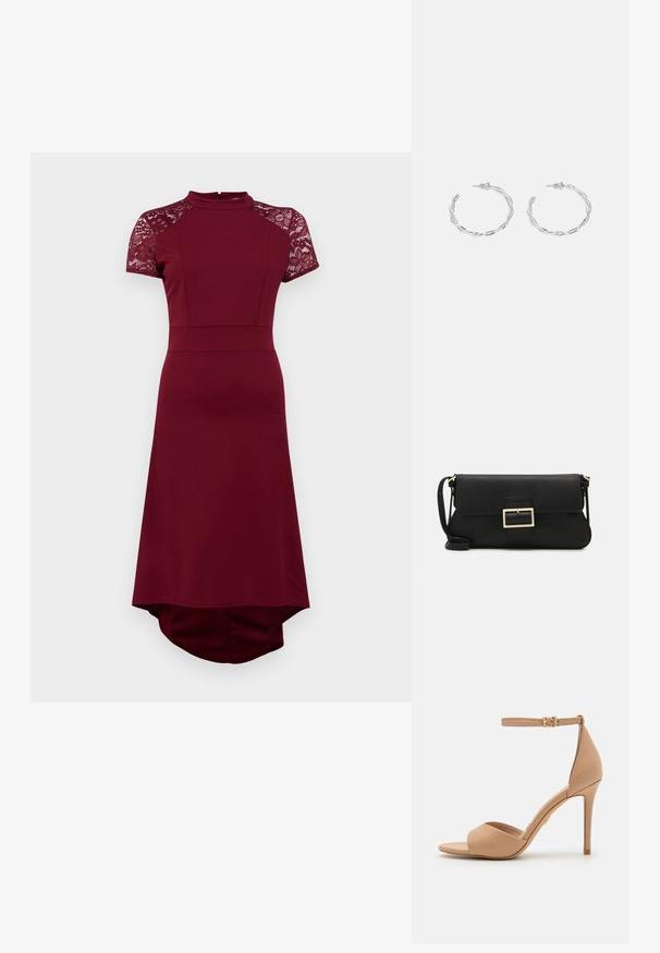 Vyno raudonas suknelė su trumpomis nėrinių rankovėmis, aukštu kaklu, prigludusia liemene ir plazdančia sijona su ilgesniu galiniu kraštu. Tekstūruotos nėrinių detalės.; ALDO CRERIDE PILLOW WALK - Sandalai - beige; Juodas odinis dėkliukas su atvarteliu ir auksinės metalinės sagties detalėmis. Įeina juodas diržas ir elegantiškas, minimalistinis dizainas.; Sidabriniai auskarai žiedai su sukto dizaino, turintys poliruotą apdailą ir fiksavimo smeigtuką. Skersmuo maždaug 3 cm.