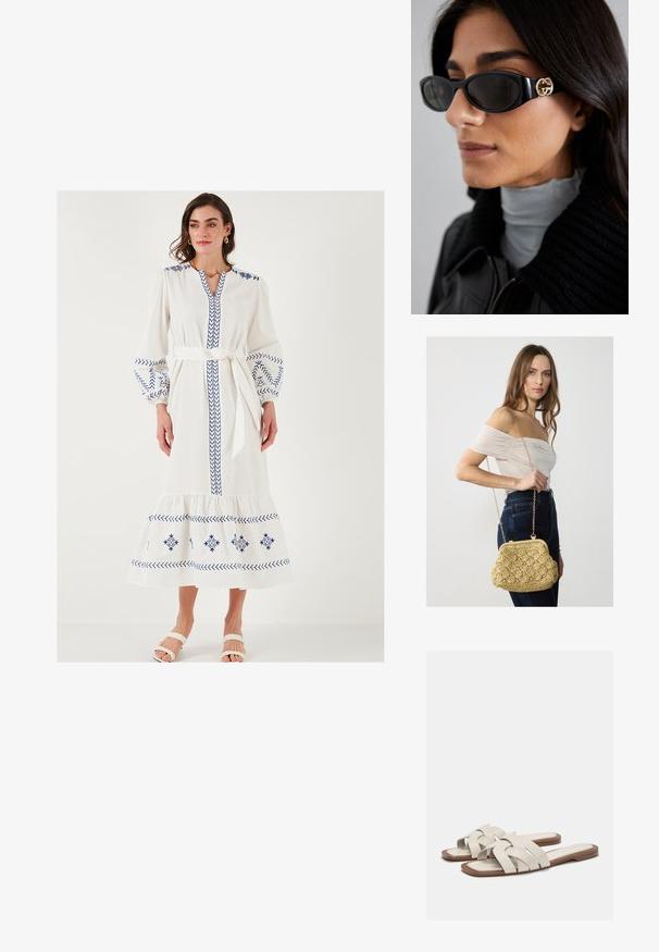 Hvid lang kjole med blå broderede mønstre, ballonsleeves, V-hals og knyttet talje. Har en lagdelt kant og blød tekstur.; Lys beige slidesandal med vævede stropper, der har en flad sål og minimalistisk design. Glat tekstur med subtile farvekontrastdetaljer.; Sorte solbriller med en strømlinet rektangulær ramme og en guld logoaccent på siden. Mørke linser og blank overflade er fremtrædende.; Vævet stråhåndtaske i lys beige, med en buet form, lås og en guld kædetræks. Tekstureret overflade med diamantmønster.