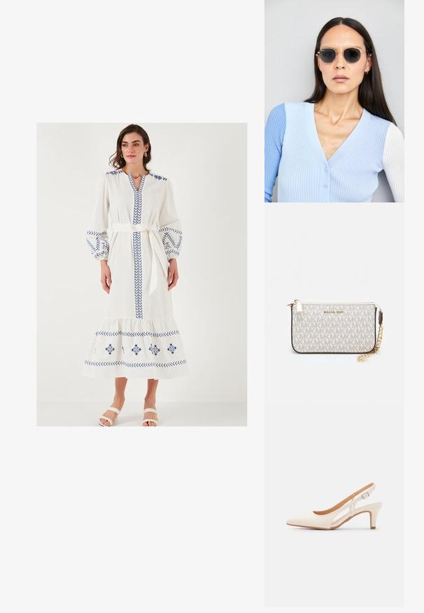 Bijela duga haljina s plavim vezom, balon rukavima, V-izrezom i vezanim strukom. Ima slojevitu donju ivicu i mekanu teksturu.; Bijela slingback peta s oštrim vrhom, glatkim gornjim materijalom, niskom blok peta te dizajnom s bočnim izrezom i podešivom kopčom.; Ok Runde sunčane naočale s tamnim staklima i zlatnim okvirom. Model nosi svijetloplavi rebrasti kardigan s gumbima i kontrastnim bijelim rukavima.; Michael Kors novčanik na zapešću u bež premazanoj tkanini s ponavljajućim uzorkom MK loga, zlatnim hardverom i odvojivim lancem za nošenje.