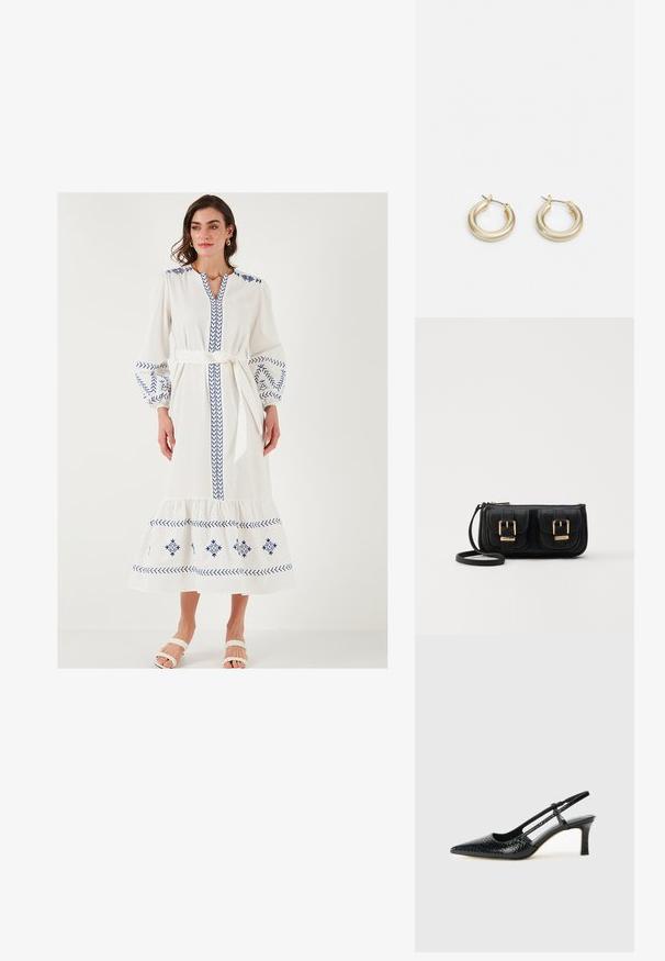 Hvid lang kjole med blå broderede mønstre, ballonsleeves, V-hals og knyttet talje. Har en lagdelt kant og blød tekstur.; Sorte patent slingback hæl med spids tå, prydet med tekstureret slangeskindsmønster, justerbar rem og en kort, tekstureret blokhæl.; Sort læder crossbody taske med to frontlommer, guldspænder, lynlåslukning og en slank rem. Struktureret overflade og kompakt rektangulær form.; Lauren Ralph Lauren BASIC SMALL HOOP - Øreringe - gold-coloured