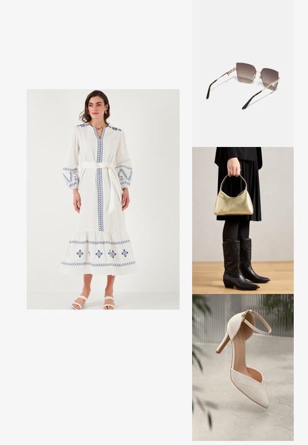 Hvid lang kjole med blå broderede mønstre, ballonsleeves, V-hals og knyttet talje. Har en lagdelt kant og blød tekstur.; Hvid højhælet sko i glat materiale med spids tå og ankelrem. Har et lyst tan interiør og hardware i guldtonet accent.; Solbriller med en roséguldmetallramme, vinklet linser, der skifter fra mørk til lys brun, og skildpadde mønster på stængerne.; Guldtekstureret håndtaske med en buet form og kort hank, båret af en person iført en sort plisseret nederdel og sorte læder cowboystøvler.