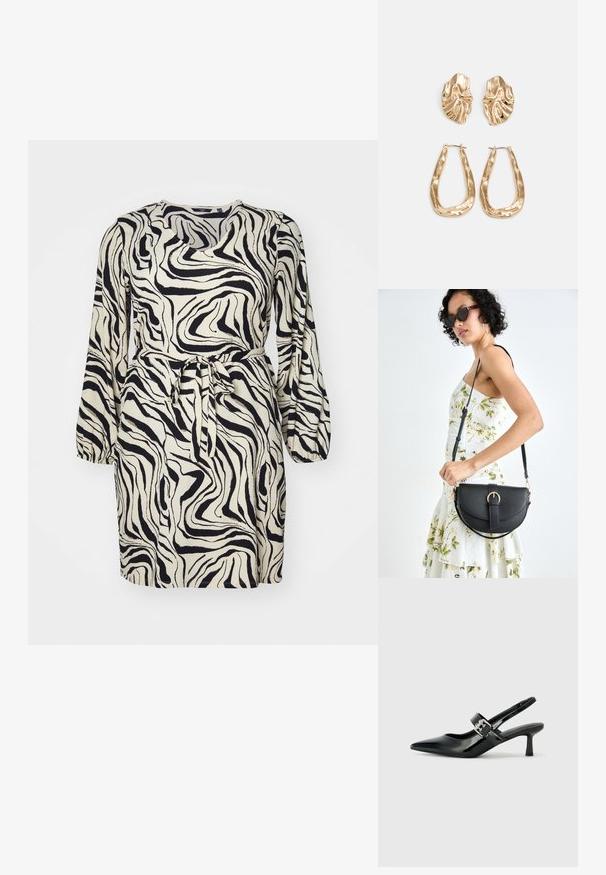 Īsām piedurknēm tērps krēmas un melnā spirālēs zebras rakstā, ar jostotu vidukli un apaļu kakla izgriezumu. Strukturēts audums.; Melnas lakotas ādas sūkņa kurpes ar norādītu purngali un mazu bloku papēdi, ar sudraba sprādzi akcentā uz jostas.; Melnas ādas rokassoma ar izliekta formu, noņemamu siksnu un zelta aksesuāriem. Somai ir vāciņš ar sprādzes detaļu.; Zelta krāsas auskari ar teksturētām, viļņotām formām. Iekļauts skulpturāls piespraužams modelis un atvērta gredzenveida konstrukcija ar izsistām virsmām.